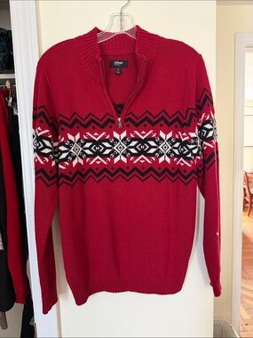 urban pipeline Red Fair Isle Half-Zip Sweater with Black and White Pattern